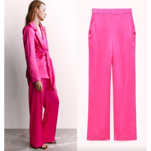 Zara High Rise Satin Wide Leg Trouser Pants Size S Preppy Maximalist Feminine - Picture 2 of 13